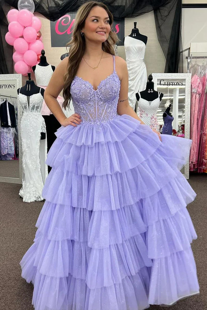 Lumidress Lavender Tiered Ruffle Tulle A-Line Prom Dress with Appliqué Details