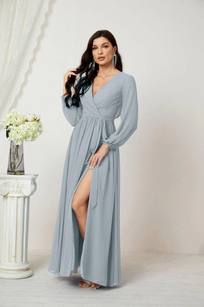 Lumidress Deep V-Neck Chiffon Evening Dress with Bishop Sleeves &amp; Side Slit
