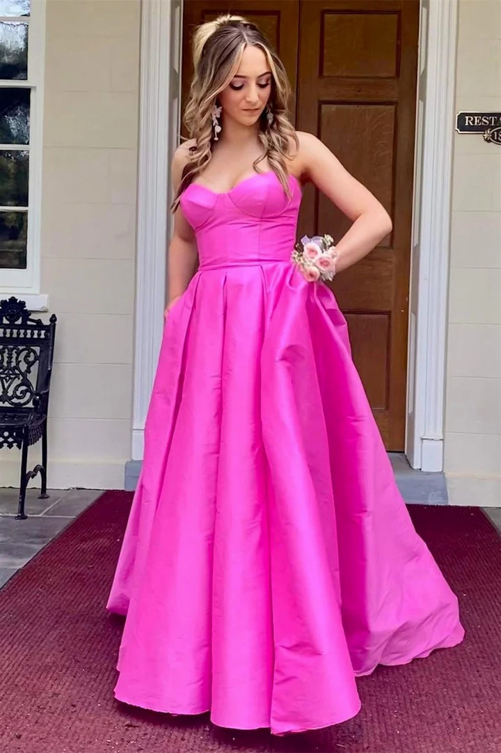 Lumidress Stylish Fuchsia Satin Strapless Long Formal Dress
