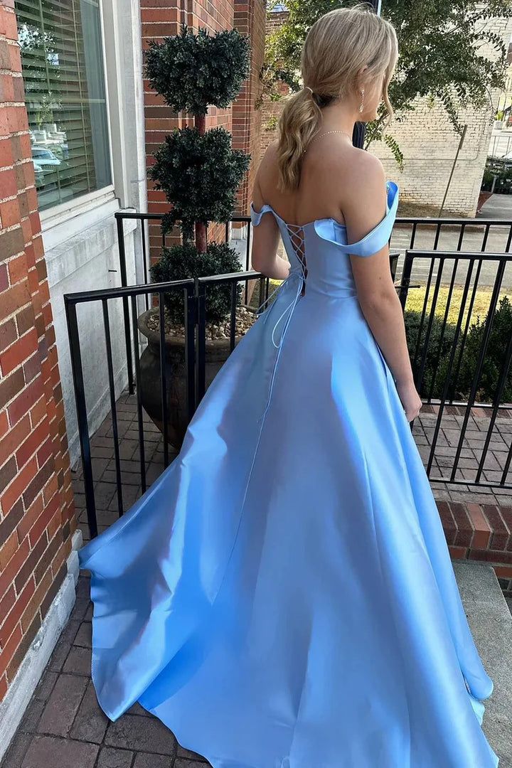 Lumidress Blue Off-the-Shoulder A-Line Prom Dress with Lace-Up Back