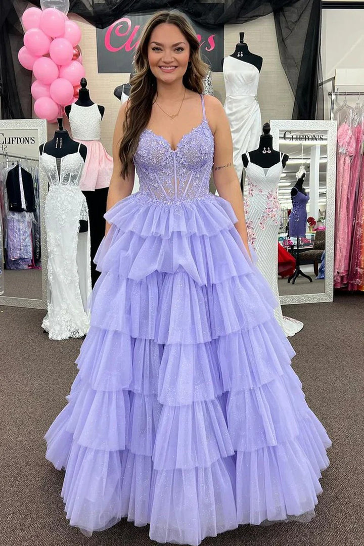 Lumidress Lavender Tiered Ruffle Tulle A-Line Prom Dress with Appliqué Details