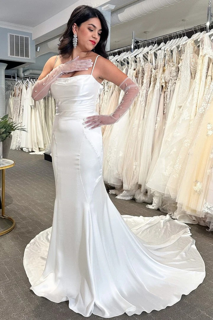 Lumidress Elegant White Cowl Neck Open-Back Mermaid Wedding Dress