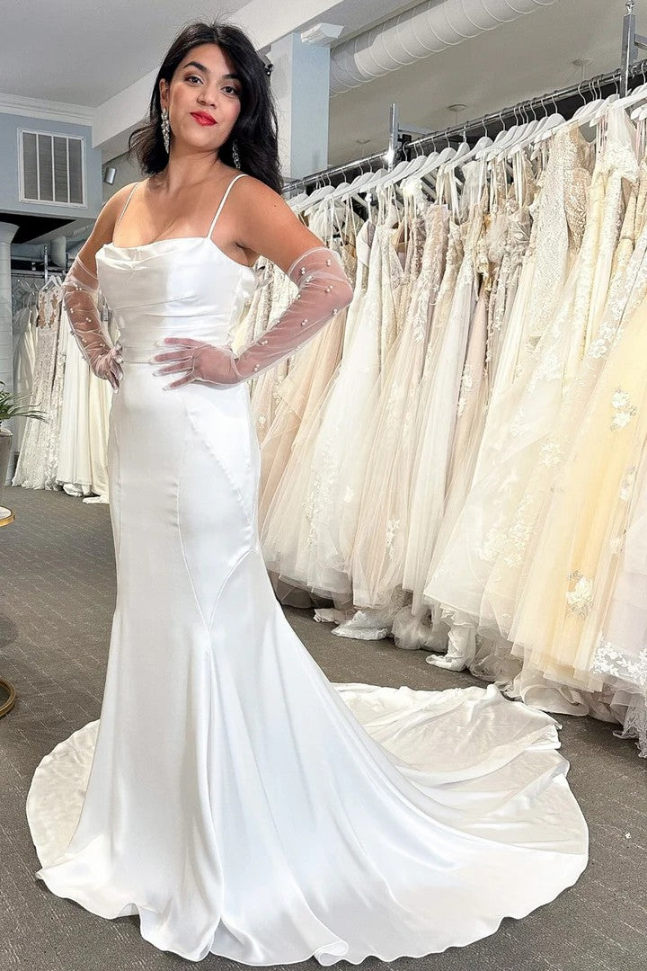 Lumidress Elegant White Cowl Neck Open-Back Mermaid Wedding Dress