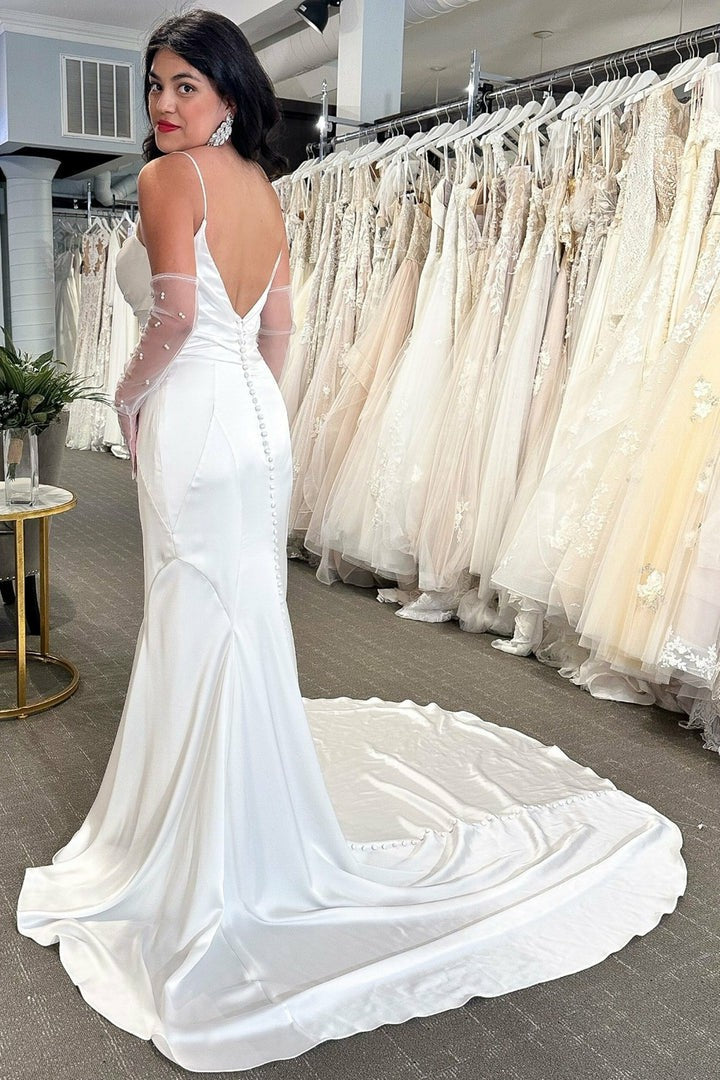 Lumidress Elegant White Cowl Neck Open-Back Mermaid Wedding Dress