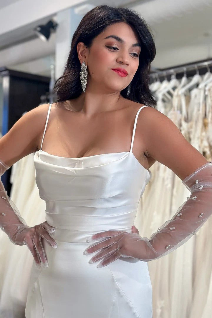 Lumidress Elegant White Cowl Neck Open-Back Mermaid Wedding Dress