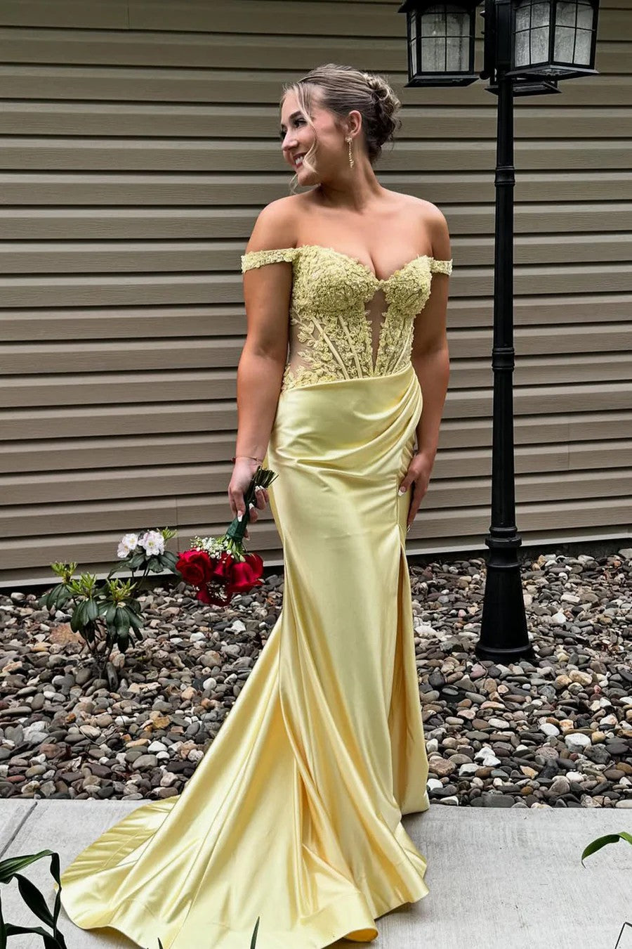 Lumidress Elegant Yellow Satin Off-the-Shoulder Mermaid Prom Dress with Appliqués