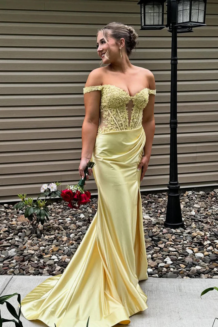Lumidress Elegant Yellow Satin Off-the-Shoulder Mermaid Prom Dress with Appliqués