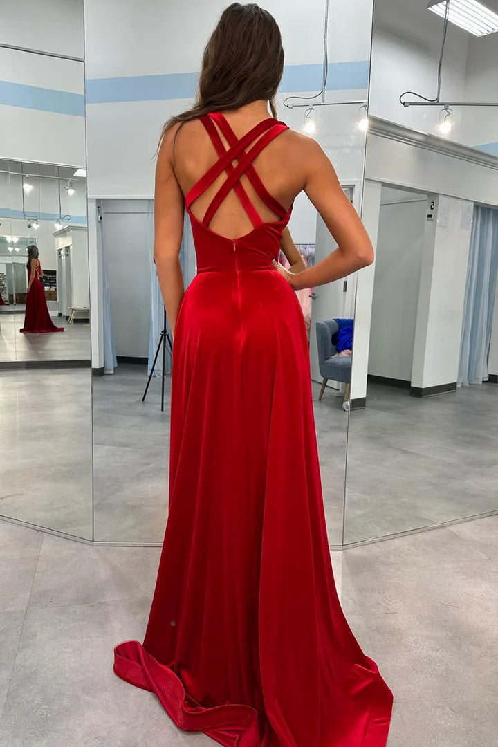 Lumidress Red Velvet Cross Back A-Line Evening Dress with Deep V Neckline