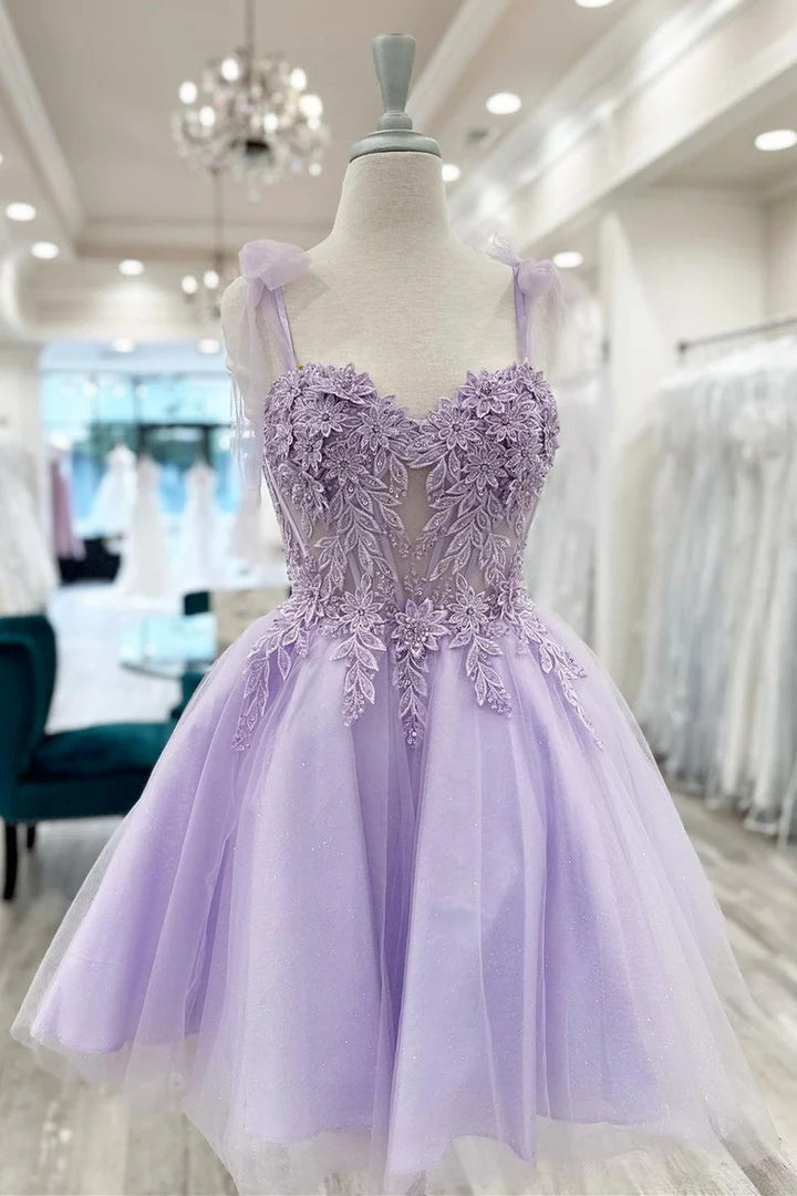 Lumidress Lavender Sweetheart A-Line Short Homecoming Dress with Floral Appliques
