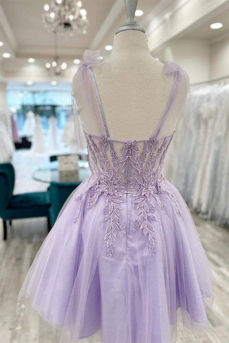 Lumidress Lavender Sweetheart A-Line Short Homecoming Dress with Floral Appliques