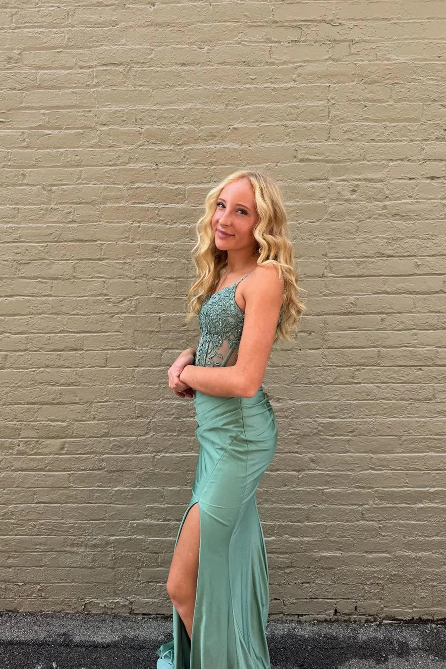 Lumidress Sage Green Satin Mermaid Prom Dress with V-Neck and Lace Appliqués