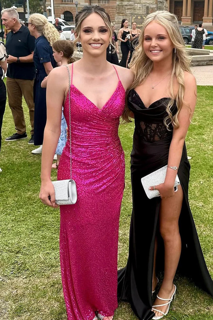 Lumidress Long Fuchsia Sequin Mermaid Party &amp; Prom Dress with V-Neck