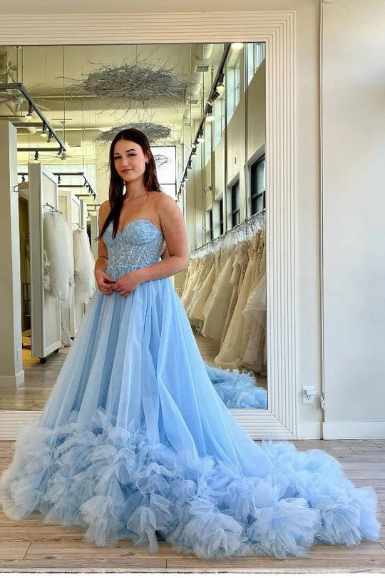 Lumidress Yellow Strapless Lace Bodice Tulle Ball Gown with Ruffled Hem