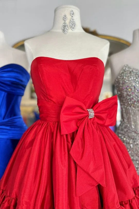 Lumidress Strapless Satin Short Homecoming Dress with Bow and Ruffles