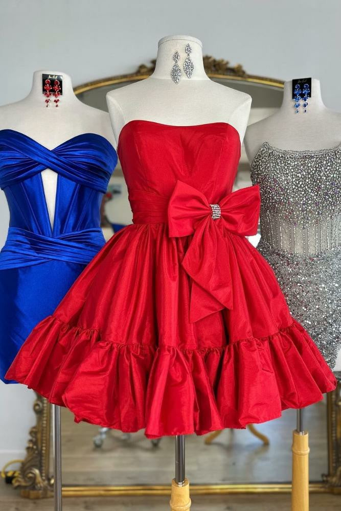 Lumidress Strapless Satin Short Homecoming Dress with Bow and Ruffles