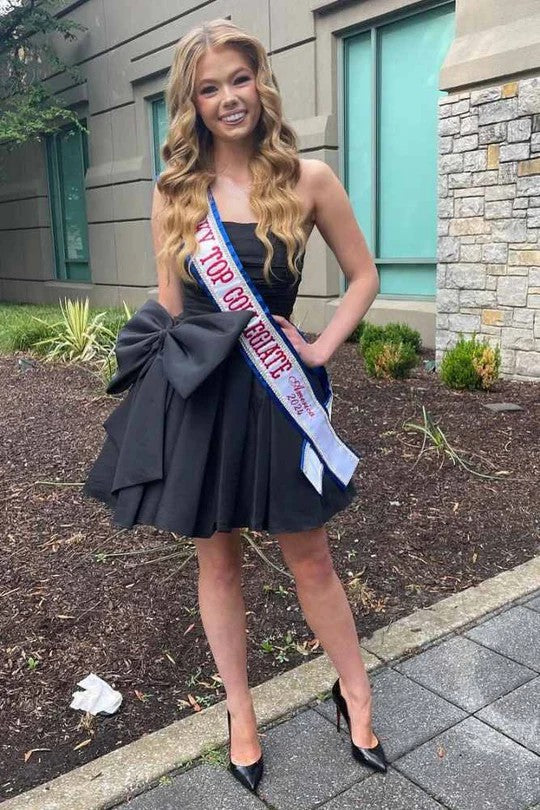 Lumidress Satin Strapless A-Line Homecoming Dress with Bow