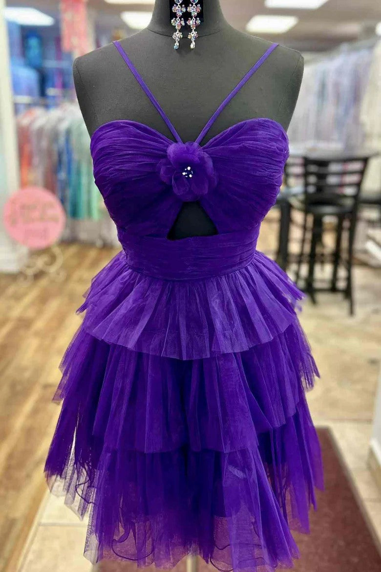 Lumidress Vibrant Orange Spaghetti Strap Tiered Tulle Homecoming Dress with Floral Detail