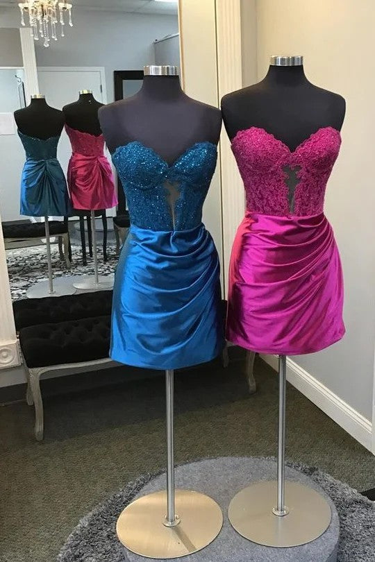 Lumidress Strapless Pleated Bodycon Homecoming Dress with Lace Appliques