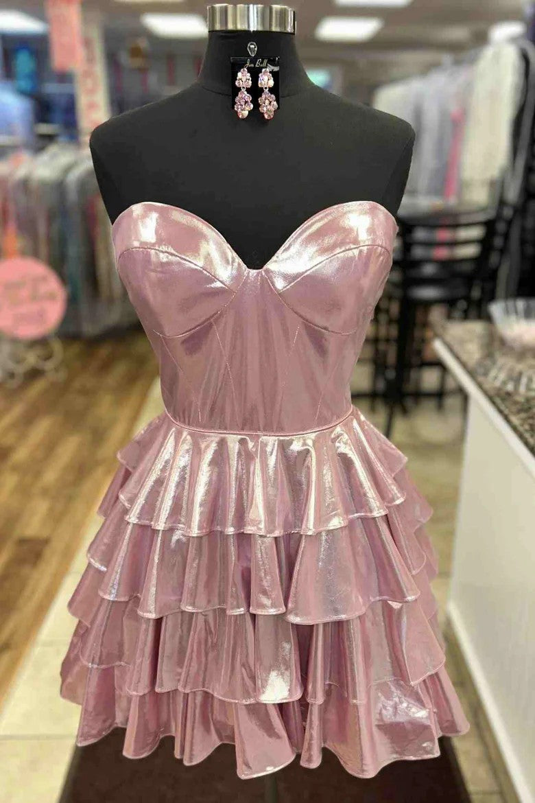 Lumidress Glamorous Gold Strapless Tiered Ruffle Short Party Homecoming Dress