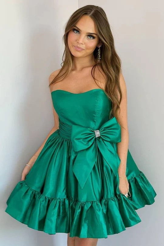 Lumidress Strapless Satin Short Homecoming Dress with Bow and Ruffles