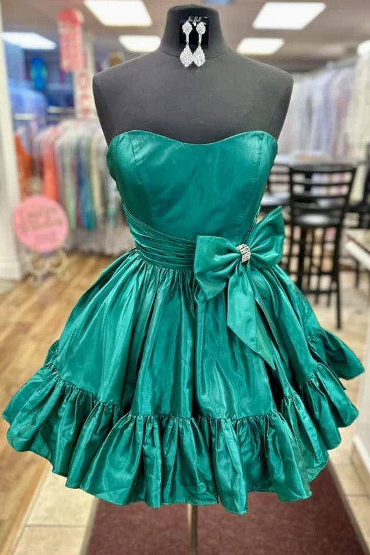 Lumidress Strapless Satin Short Homecoming Dress with Bow and Ruffles