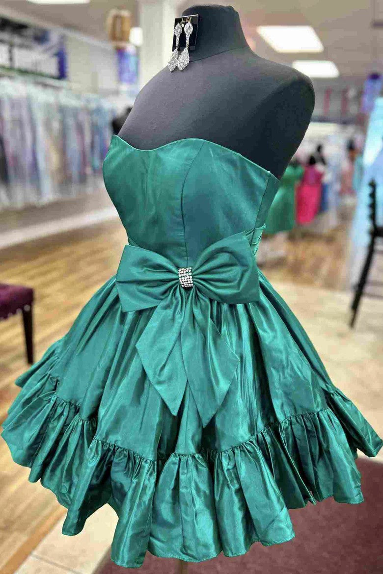 Lumidress Strapless Satin Short Homecoming Dress with Bow and Ruffles