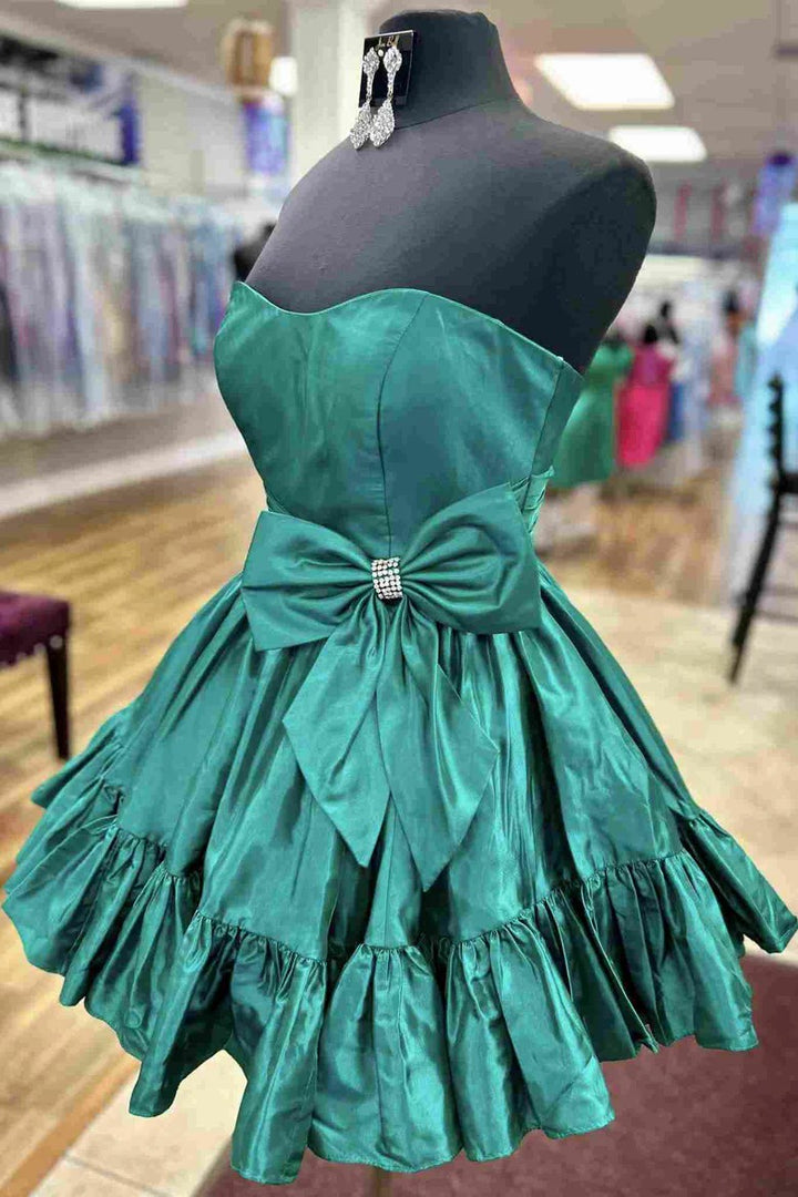 Lumidress Strapless Satin Short Homecoming Dress with Bow and Ruffles