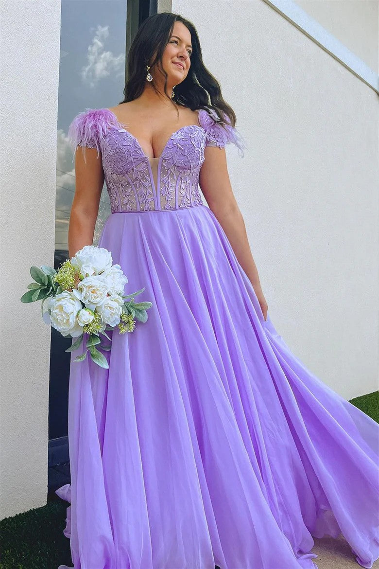 Lumidress Romantic Lilac A-Line Evening Gown with Feathered Sleeves