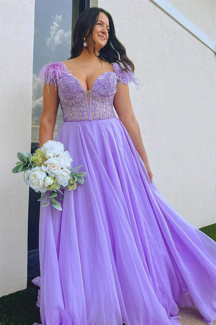 Lumidress Romantic Lilac A-Line Evening Gown with Feathered Sleeves