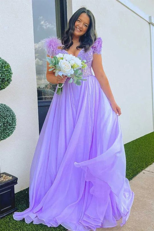 Lumidress Romantic Lilac A-Line Evening Gown with Feathered Sleeves