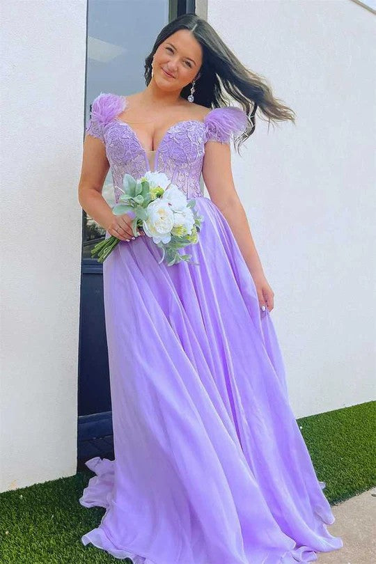 Lumidress Romantic Lilac A-Line Evening Gown with Feathered Sleeves