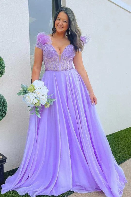 Lumidress Romantic Lilac A-Line Evening Gown with Feathered Sleeves