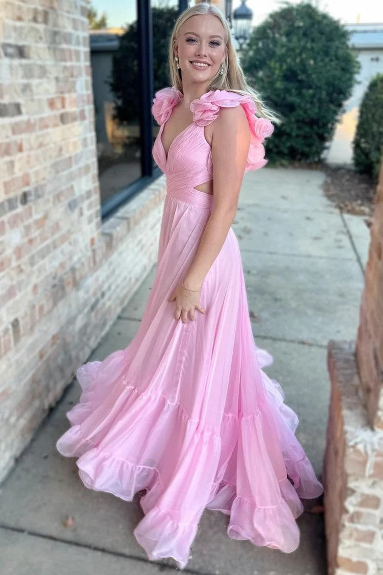 Lumidress V-Neck Ruffled Long Prom&Evening Dress with 3D Floral Shoulders