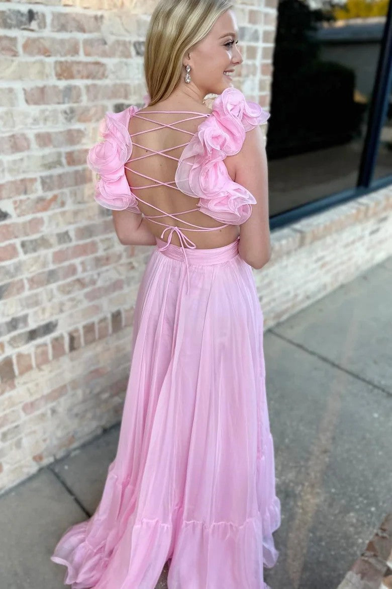 Lumidress V-Neck Ruffled Long Prom&Evening Dress with 3D Floral Shoulders