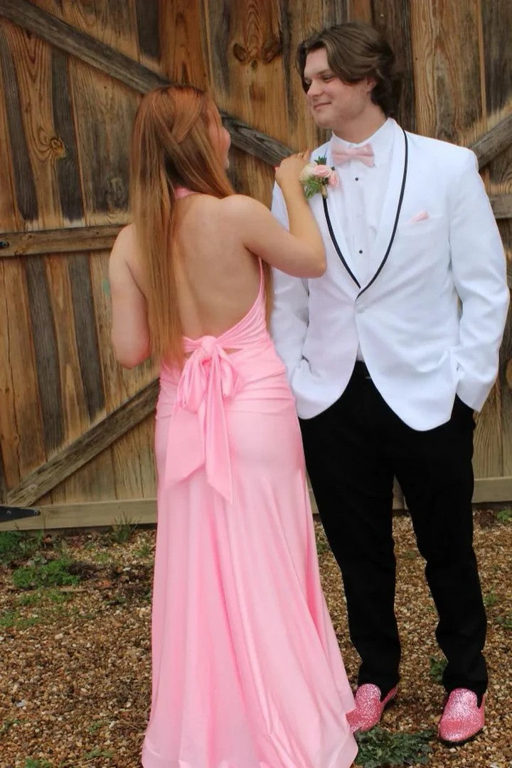 Lumidress Pink Halter Neck Pleated Satin Mermaid Prom Dress with Slit