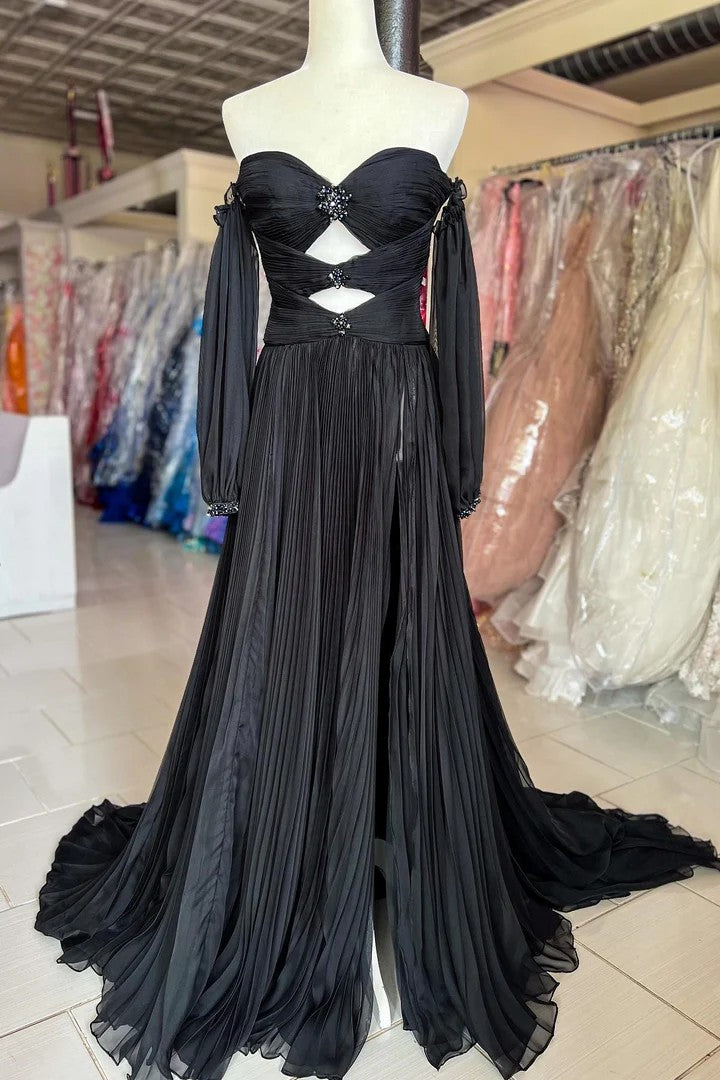 Lumidress Elegant Strapless Sweetheart Pleated Chiffon Prom Dress with Crystal Cutout Details