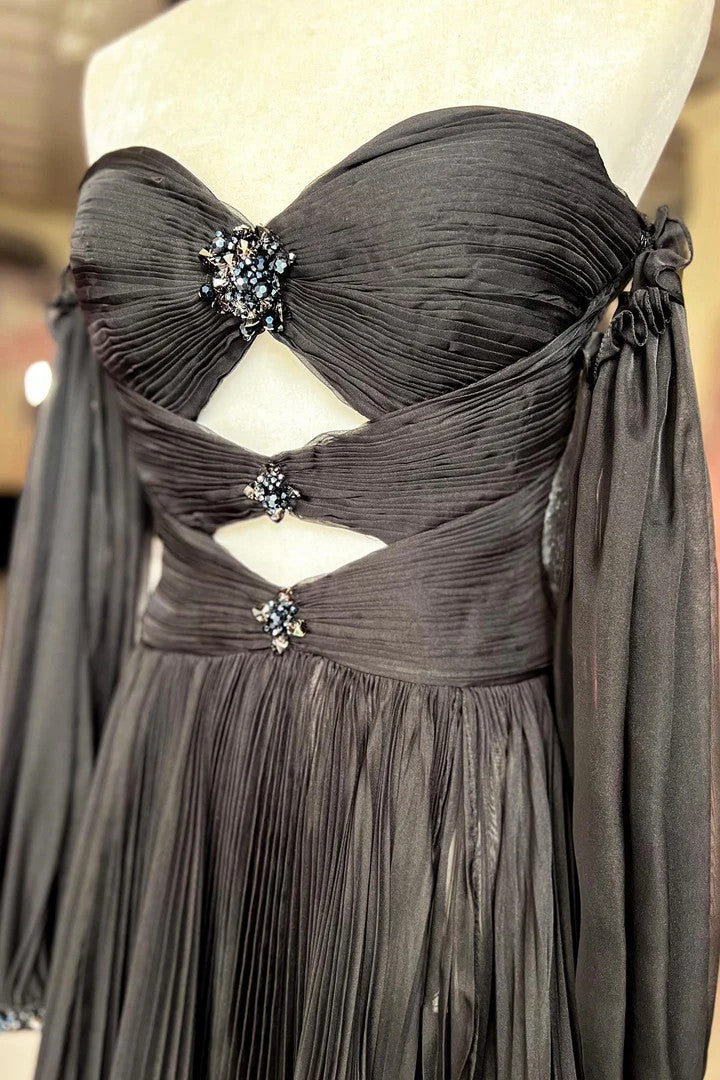 Lumidress Elegant Strapless Sweetheart Pleated Chiffon Prom Dress with Crystal Cutout Details