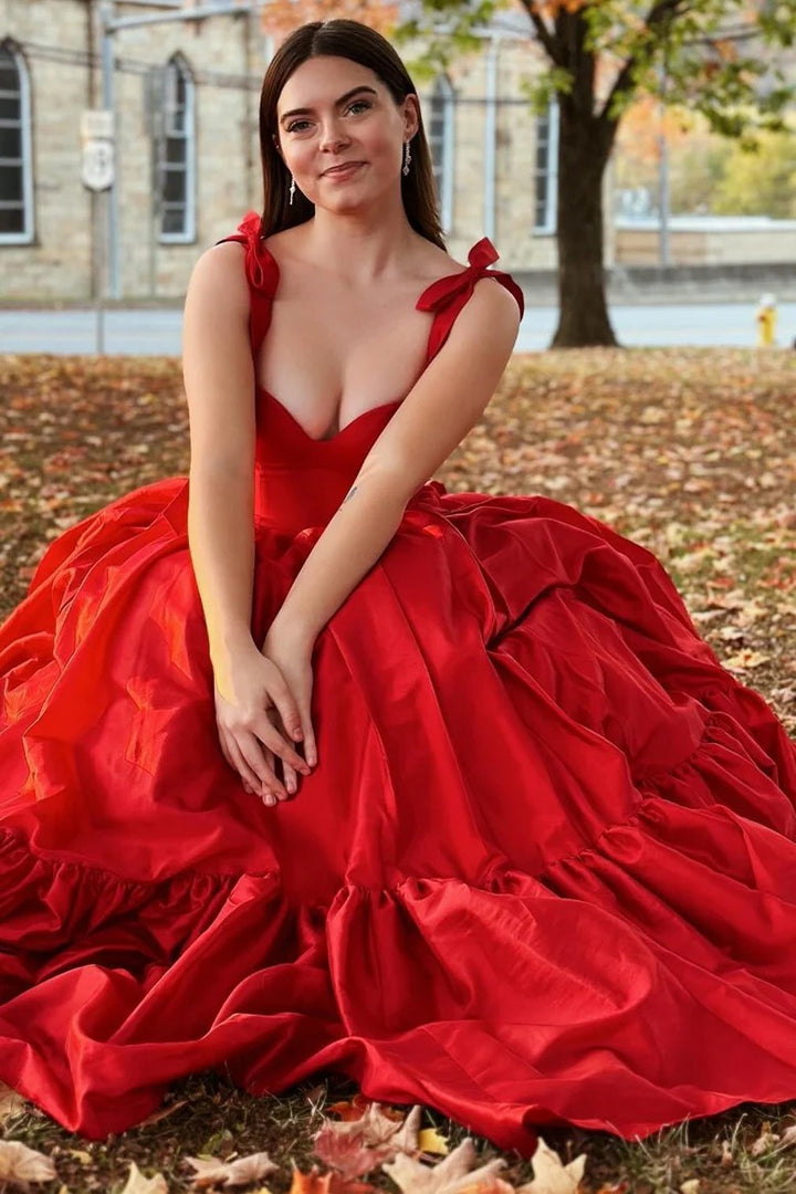 Lumidress Elegant Red Sweetheart A-Line Long Prom Dress with Bow Straps