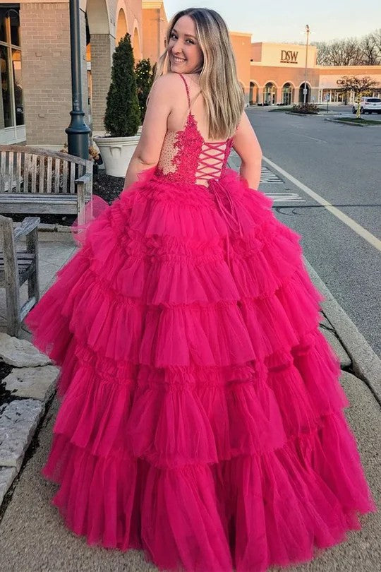 Lumidress Hot Pink Deep V-Neck Layered Tulle Ball Gown with Beaded Bodice