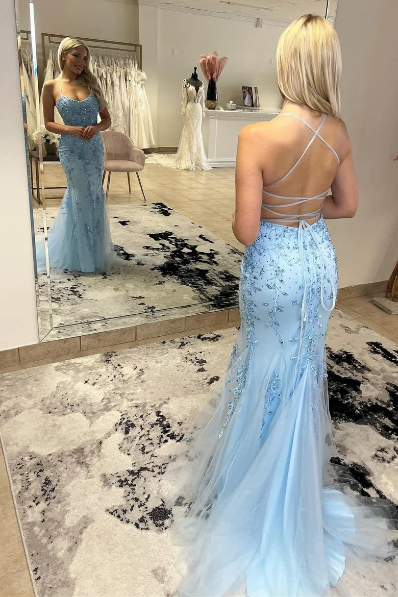 Lumidress Light Blue Floral Applique Scoop Neck Mermaid Prom Evening Dress