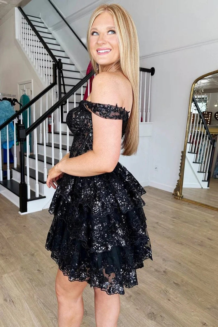 Lumidress Black Sequin Embroidered Sweetheart Tiered A-Line Homecoming Dress