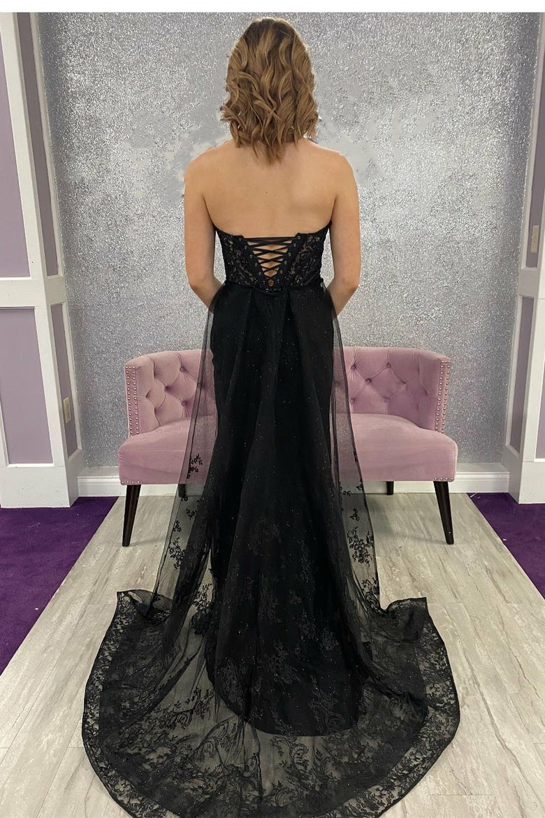 Lumidress Black Strapless Lace Evening Dress with Train Detail