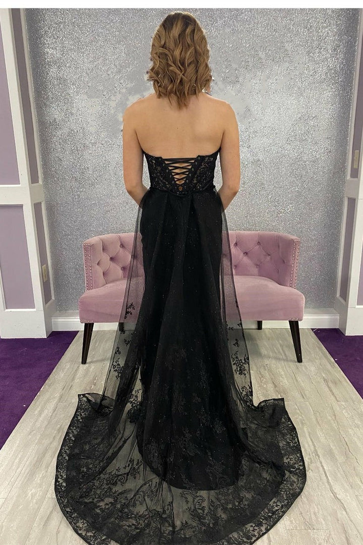 Lumidress Black Strapless Lace Evening Dress with Train Detail