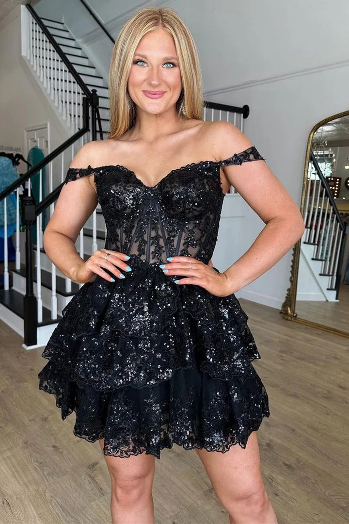 Lumidress Black Sequin Embroidered Sweetheart Tiered A-Line Homecoming Dress