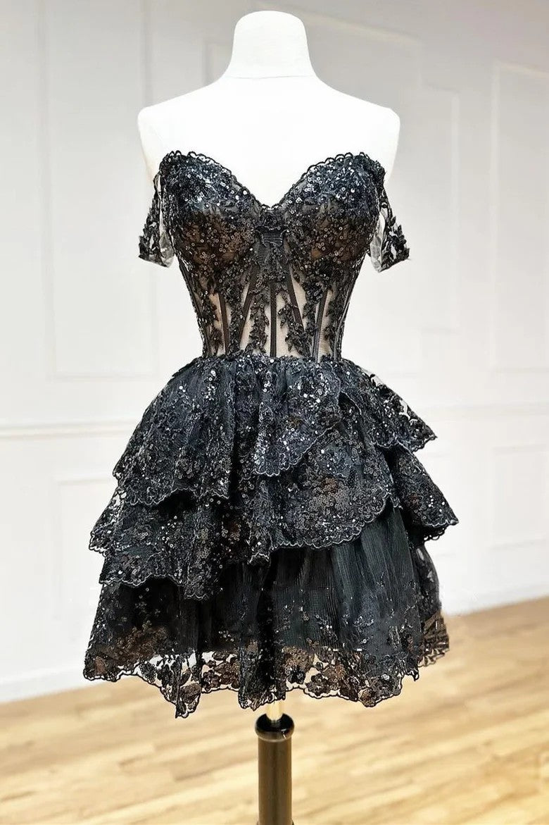 Lumidress Black Sequin Embroidered Sweetheart Tiered A-Line Homecoming Dress