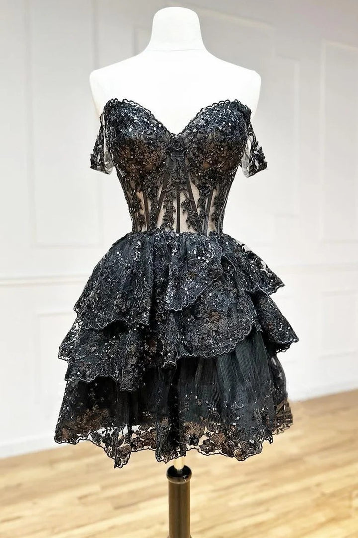 Lumidress Black Sequin Embroidered Sweetheart Tiered A-Line Homecoming Dress