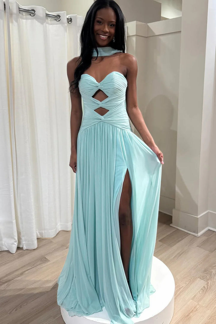 Lumidress Mint Green Ruched Cut-Out A-Line Prom Dress with High Slit and Choker Neck