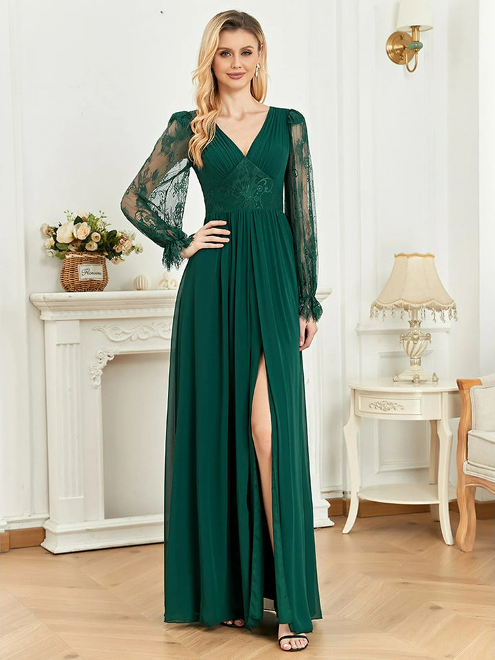 Lumidress Women Lace Long Sleeve Banquet Sex Slit Skirt Long Evening Dress