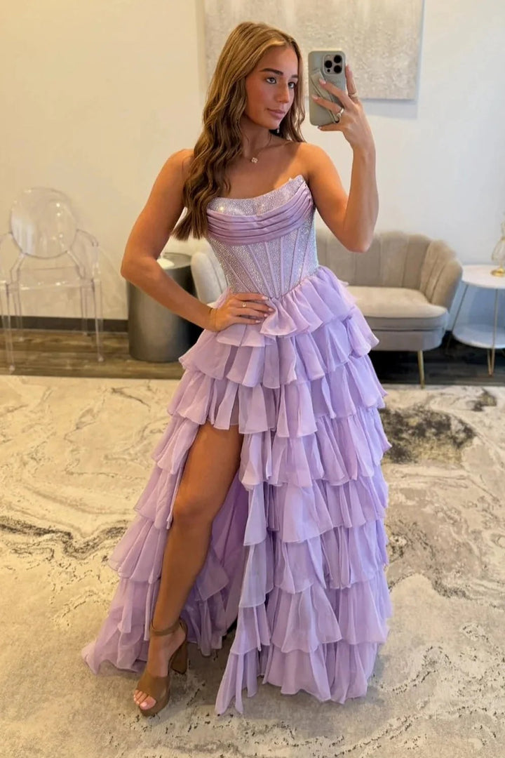 Lumidress A-Line Scoop Neck Tiered Chiffon Long Prom Dress for Formal Evening