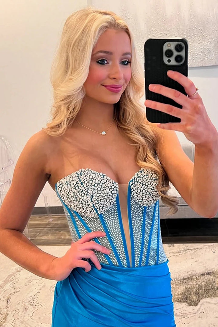 Lumidress Sweetheart Beaded Satin Mermaid Prom Dress with High Slit